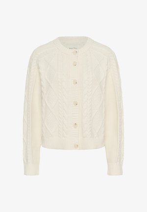 Bijela pletena cardigan s uzorcima kabelnog pletenja, rebrastim rubovima i četiri velika gumba. Udoban i teksturiran materijal. Dugi rukavi.
