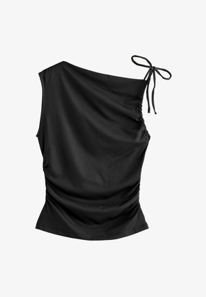 Mustmust ühe õla top, millel on kogutud tekstuur, külgtõmblused ja sidumise detail õlal. Valmistatud siledast, venivast kangast.