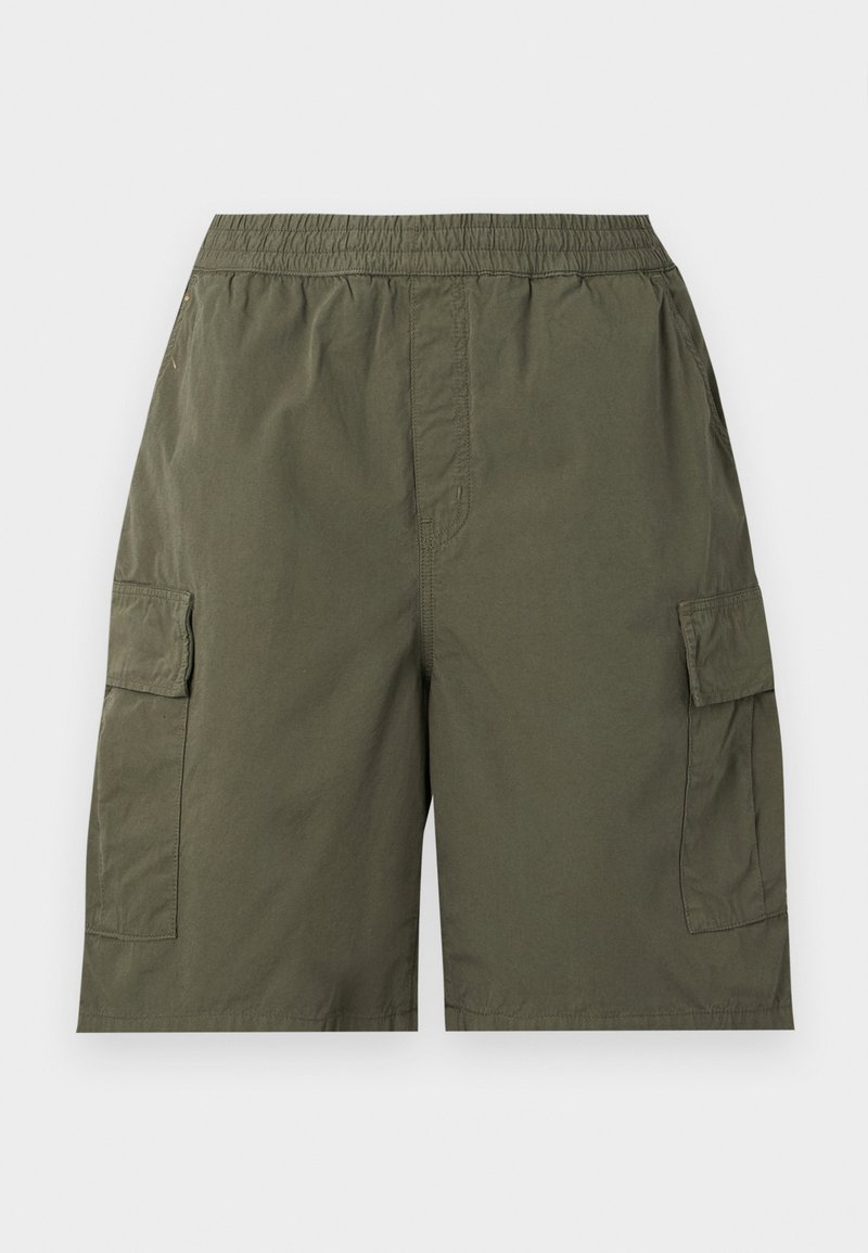 Olivgrüne Cargo-Shorts mit elastischem Bund und Klappentaschen auf beiden Seiten, aus leichtem Stoff gefertigt.