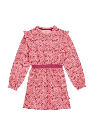 Lyserød langærmet kjole med lille rød og hvid blomsterprint, flæsedetaljer på skulderen, elastisk talje og rund halsudskæring.
