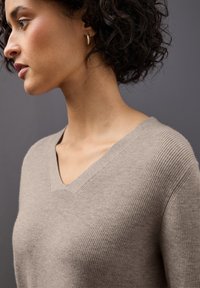 Beiger V-Ausschnitt-Pullover aus geripptem Strickstoff. Der Halsausschnitt ist dezent ausgeführt, und es gibt kleine Details an den Schulternähten.