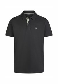 Zwarte polo met korte mouwen, voorzien van een contrasterende lichtgrijze kraag en een klein logo op de linkerborst. Textuur van katoenmix.