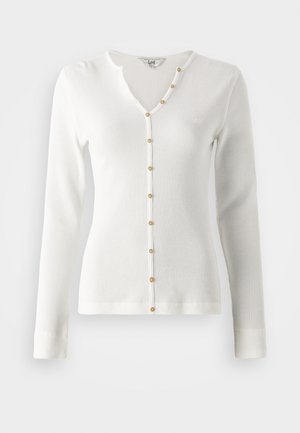 White long-sleeve ribbed cardigan with a V-neckline and gold button accents down the front. Smooth texture and fitted design.