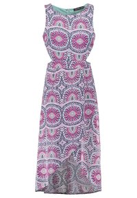 Ärmlös midiklänning med intrikata cirkulära och bågformade mönster i rosa, lila och vitt, figursydd midja och rund halsringning.