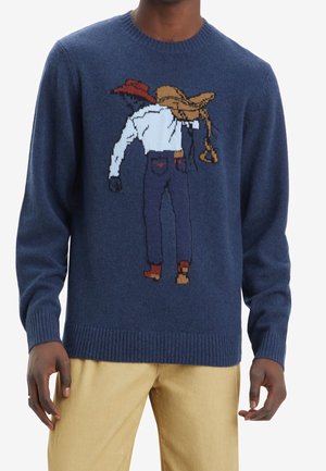 Granatowy sweter z grafiką pikselową kowboja trzymającego lassо, noszącego kapelusz, białą koszulę, niebieskie spodnie i brązowe buty.