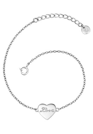 Silbernes Kettenarmband mit einem herzförmigen Charm, graviert mit dem Wort „Liebe“ und einem verstellbaren Verschluss mit einem kleinen runden Anhänger.
