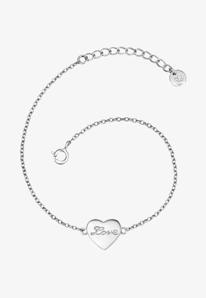 Bracelet chaîne en argent avec un pendentif en forme de cœur gravé du mot « Amour » et un fermoir réglable avec une petite étiquette ronde.