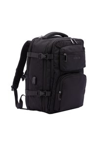 Black backpack with multiple zippered compartments, padded shoulder straps, and buckles. Made of durable fabric with a structured design.