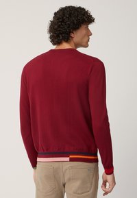 Maglione rosso a maglia con collo rotondo, maniche lunghe e orlo a coste multicolore a righe. Tessuto liscio e design aderente.