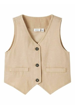 Beżowa lniana kamizelka z dekoltem w kształcie litery V, pięcioma czarnymi guzikami i dwiema przednimi kieszeniami; posiada spiczasty dół i fakturowany materiał.