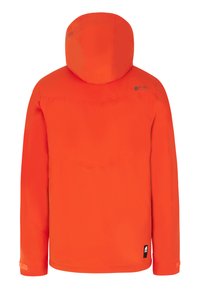 Oranje waterdichte jas met een capuchon, gladde textuur en verstelbare manchetten. Opvallend logo op de bovenrug en in het borstgebied.