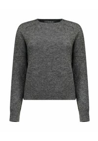 Maglione grigio in tessuto lavorato a maglia. Presenta una scollatura rotonda, maniche lunghe e una fascia in vita aderente. Design semplice senza motivi o accenti visibili.