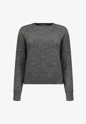 Maglione grigio in tessuto lavorato a maglia. Presenta una scollatura rotonda, maniche lunghe e una fascia in vita aderente. Design semplice senza motivi o accenti visibili.