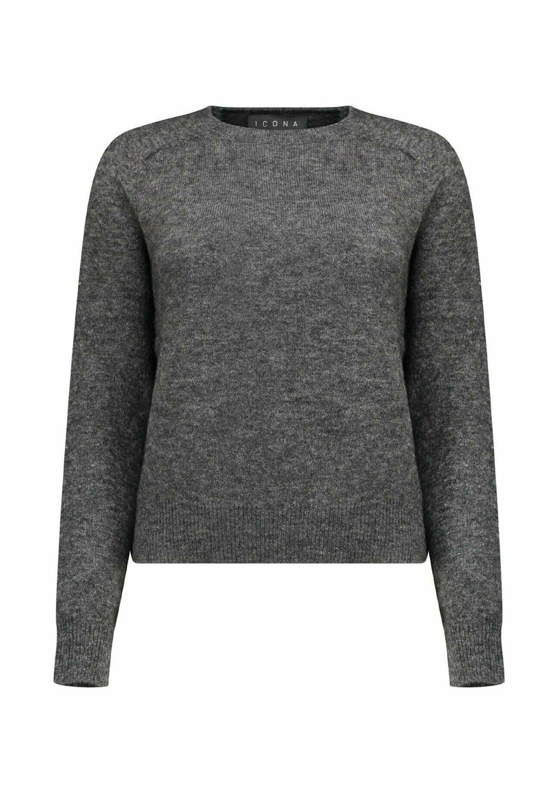 Maglione grigio in tessuto lavorato a maglia. Presenta una scollatura rotonda, maniche lunghe e una fascia in vita aderente. Design semplice senza motivi o accenti visibili.