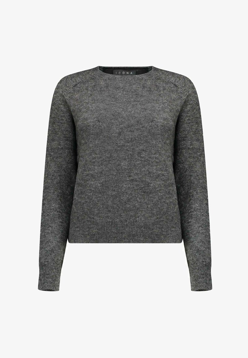 Maglione grigio in tessuto lavorato a maglia. Presenta una scollatura rotonda, maniche lunghe e una fascia in vita aderente. Design semplice senza motivi o accenti visibili.