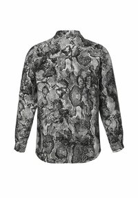 Langärmliges Hemd mit einem schwarz-weißen und grauen Schlangenledermuster, von hinten auf einem weißen Hintergrund gezeigt.