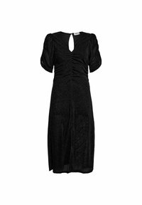 Abito nero con scollatura a chiave e maniche a sbuffo. Presenta dettagli arricciati sul corpetto, un orlo fino al ginocchio e una texture liscia.