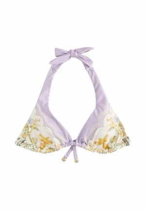Top de bikini tip halter lavandă, cu accente florale și imprimeu cu păsări galbene, fundă legată la gât și legături reglabile în partea din față, în centru.