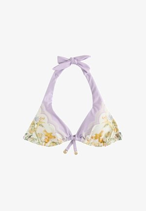 Top de bikini tip halter lavandă, cu accente florale și imprimeu cu păsări galbene, fundă legată la gât și legături reglabile în partea din față, în centru.