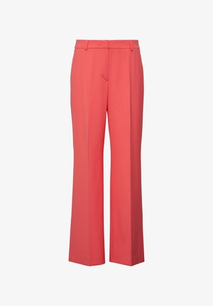 Coral wide-leg trousers made from smooth fabric, featuring a flat front, belt loops, and two front pockets for a tailored look.