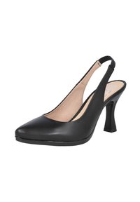 Tacones negros de tipo slingback con punta afilada, acabado suave similar al cuero y una altura de tacón moderada. El interior cuenta con una plantilla beige.