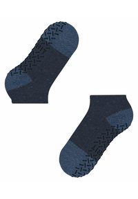 Dunkelblaue Knöchelsocken mit strukturiertem, rutschfestem Sohle, die einen helleren blauen oberen Abschnitt und gesprenkelte Details im gesamten Stoff aufweisen.