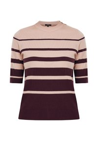 Lyserød kortærmet sweater med dyb burgunderrøde vandrette striber, rund halsudskæring og ribkantede slutninger og manchetter. Har knapdetalje på skulderen.
