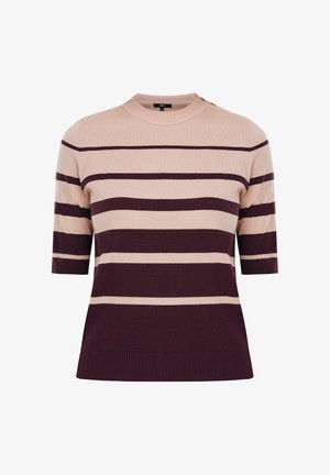 Suéter corto de manga corta color rosa claro con rayas horizontales en burdeos oscuro, diseño de cuello redondo y puños y dobladillo acanalados. Presenta un detalle de botones en el hombro.