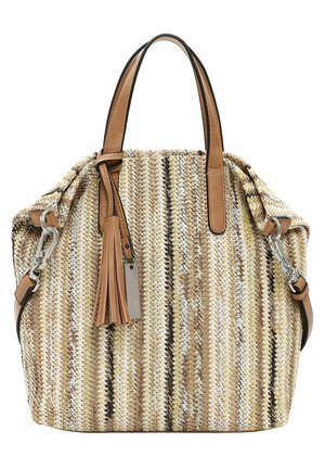 Vævet håndtaske i beige og brune nuancer med sorte accenter, med læderhåndtag, en kvastudsmykning og sølvfarvet metal.
