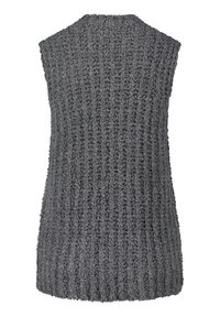 Šedá pletená vesta s texturovaným žebrovaným vzorem a bezramenným designem, s volným střihem a měkkou tkaninou pro pohodlí.