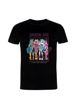 Black cotton t-shirt featuring colorful graphic of four characters from Monster High with the text "MONSTER HIGH" above and "FIERCE AND FEARLESS" below.