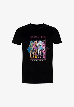 Czarny bawełniany t-shirt z kolorową grafiką czterech postaci z Monster High, z napisem „MONSTER HIGH” u góry oraz „FIERCE AND FEARLESS” na dole.