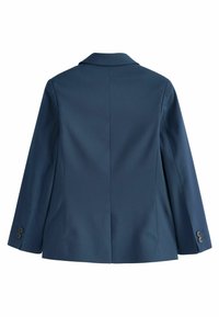 Blazer sartorial blu navy con colletto a revers, maniche lunghe, polsini a due bottoni e una superficie liscia. Sul retro presenta una fessura singola.
