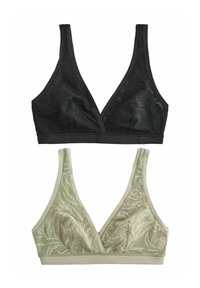 Čierne a bledozelené květinové čipkové bralette s trojuholníkovými pohármi, širokými ramienkami a pevným podprsenkovým pásom, s jemnými štruktúrovanými vzormi.