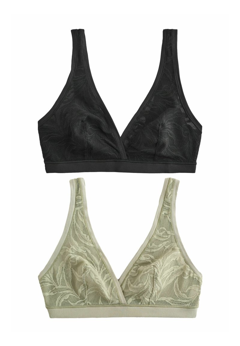 Čierne a bledozelené květinové čipkové bralette s trojuholníkovými pohármi, širokými ramienkami a pevným podprsenkovým pásom, s jemnými štruktúrovanými vzormi.