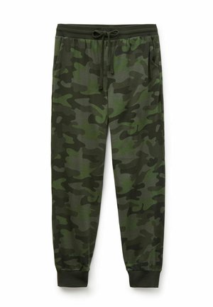 Camo joggingbroek in verschillende tinten groen, gemaakt van zachte stof, met een elastische tailleband, koordjes en geribbelde boorden.