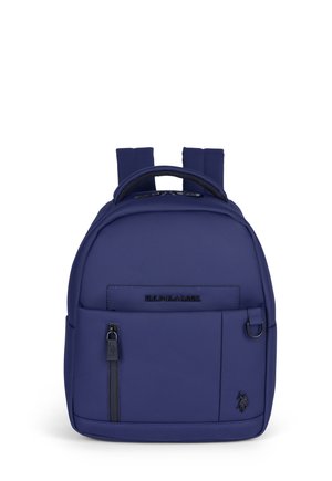 Kompakter marineblauer Rucksack mit vorderer Reißverschlusstasche, gepolsterten Schulterriemen, Tragegriff oben und U.S. Polo Assn.-Logo vorne.