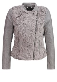 Veste grise avec devant en fausse fourrure douce et touffue, manches en cuir lisse et fermeture éclair argentée asymétrique sur fond blanc.