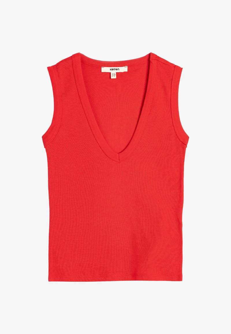 Czerwony top bez rękawów uszyty z prążkowanej bawełny, z głębokim dekoltem w kształcie litery V. Gładka faktura, dopasowany krój i minimalne detale szwowe.