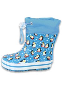 Botte de pluie en caoutchouc bleue avec un motif de pingouins et de flocons de neige, semelle blanche et cordon de serrage ajustable à la cheville.