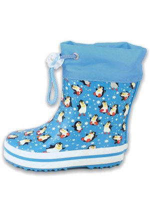 Blauwe rubberen regenlaars met een pinguïnpatroon en sneeuwvlokken, witte zool en een verstelbare trekkoord bij de enkel.