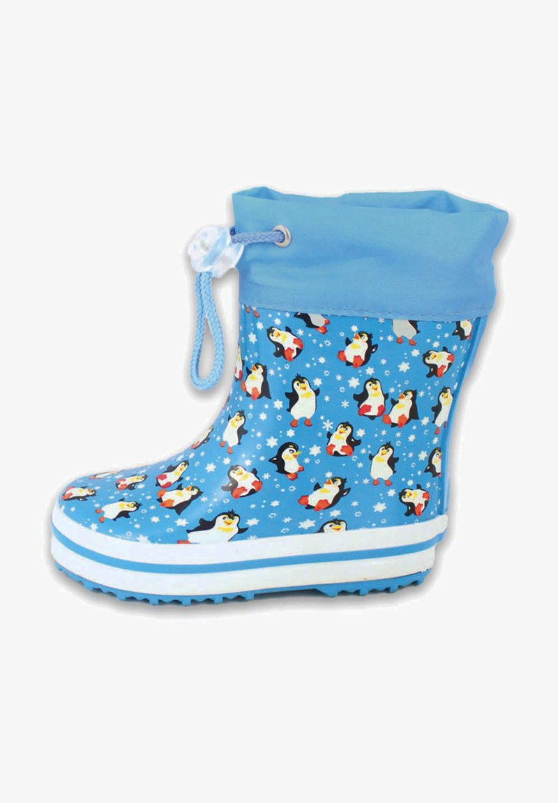 Blauwe rubberen regenlaars met een pinguïnpatroon en sneeuwvlokken, witte zool en een verstelbare trekkoord bij de enkel.