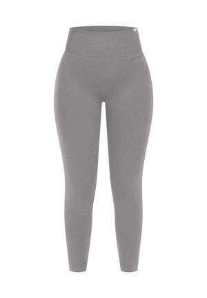 Graue, hoch taillierte Leggings aus einem glatten, dehnbaren Stoff. Sie verfügen über ein enganliegendes Design ohne auffällige Muster oder Hardware.