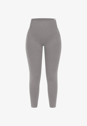 Harmaat korkeavyötäröiset legginsit, jotka on valmistettu sileästä, joustavasta kankaasta. Ominaisuuksiin kuuluu istuva muotoilu ilman erottuvia kuvioita tai varusteita.