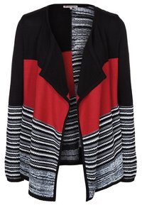 Cardigan lavorato a maglia caratterizzato da un design a strisce nere, rosse e grigie, con davanti aperto oversize e modelli testurizzati lungo le maniche e in basso.