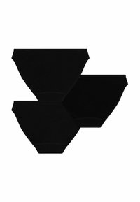 Zwarte onderbroeken in een verpakking van drie. Kenmerken zijn een gladde stof, kort model, naadloze randen en een uniforme kleur voor alle items.