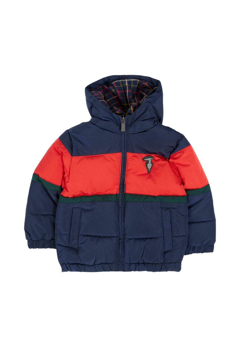 Padded jacket w kolorze granatowym, czerwonym i zielonym. Posiada kaptur, zamek błyskawiczny z przodu, dwie boczne kieszenie oraz podszewkę w kratę. Wykonana z trwałego materiału syntetycznego.
