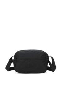 Borsa a tracolla nera in tessuto con forma rettangolare, scomparti con zip, tracolla regolabile e superficie liscia. Nessun motivo o logo visibile.