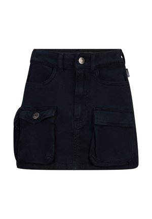 Zwarte spijkerrok met een aansluitend ontwerp, voorzien van twee voorzakken en een knoopsluiting in de taille. Gladde textuur, boven de knie.