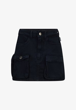 Gonna di jeans nera dal design aderente, con due tasche applicate anteriori e chiusura con bottone in vita. Texture liscia, lunghezza sopra il ginocchio.